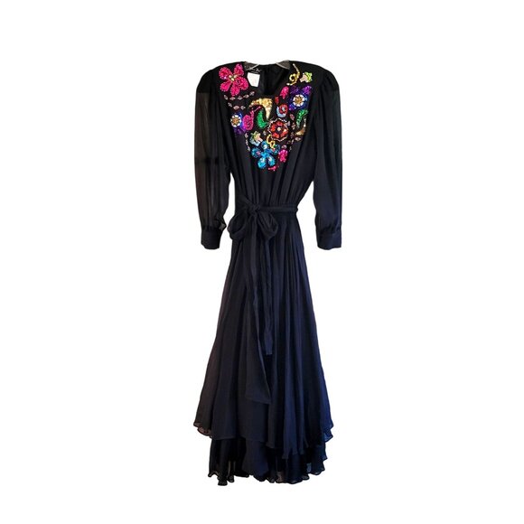 Diane Freis Dresses & Skirts - Vintage Diane Freis Original Black Silk Dress With Colorful Beaded Floral Design